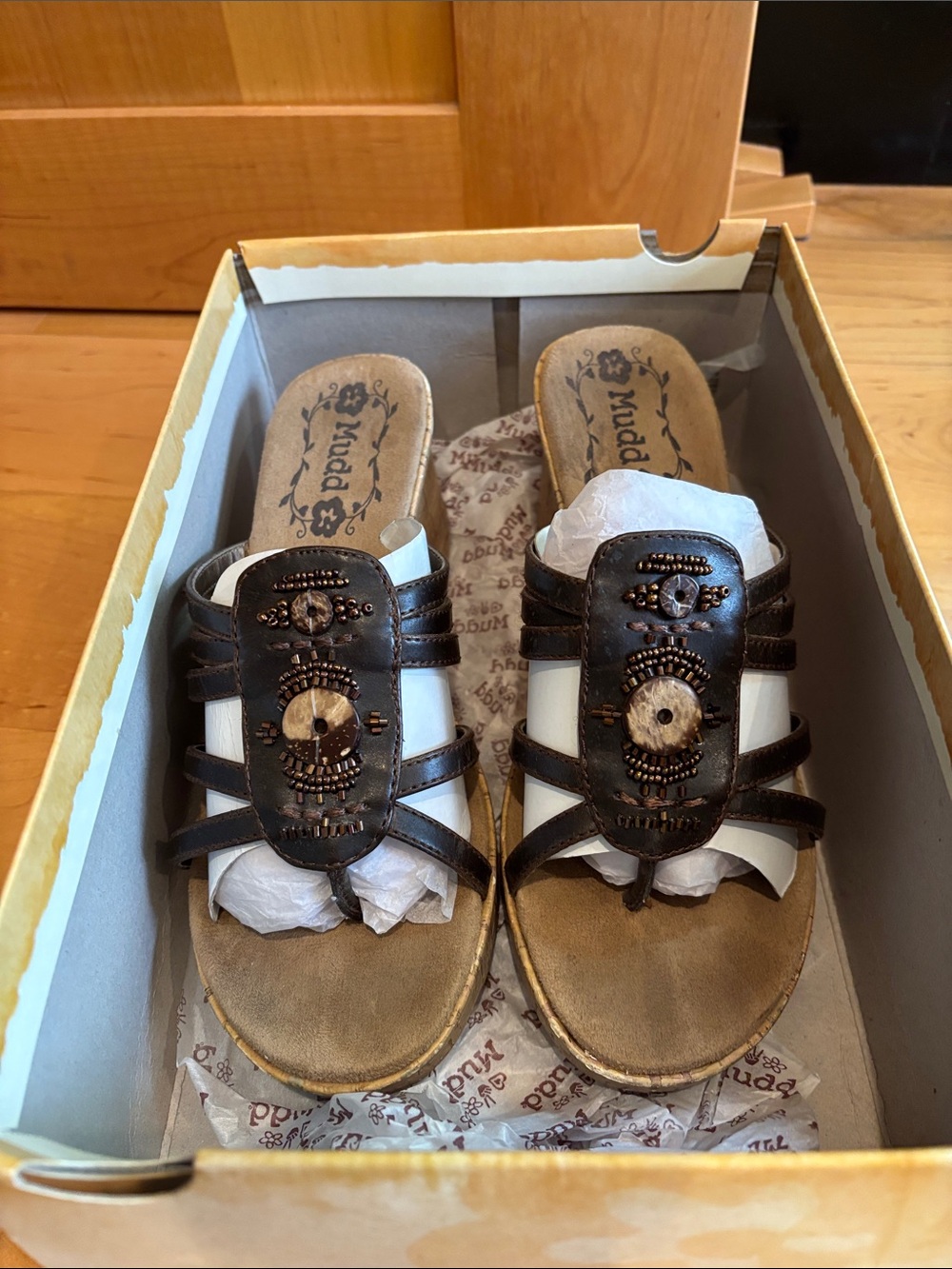 Mudd Dark Brown Beaded Cork Wedge Sandals - Picture 9 of 9